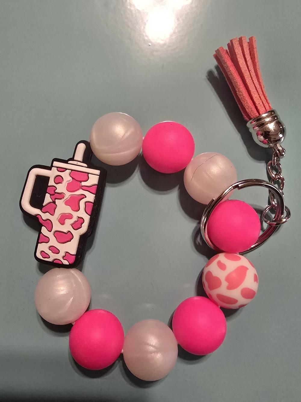 Pink Tumbler Beaded Keychain Wristlet with Tassel